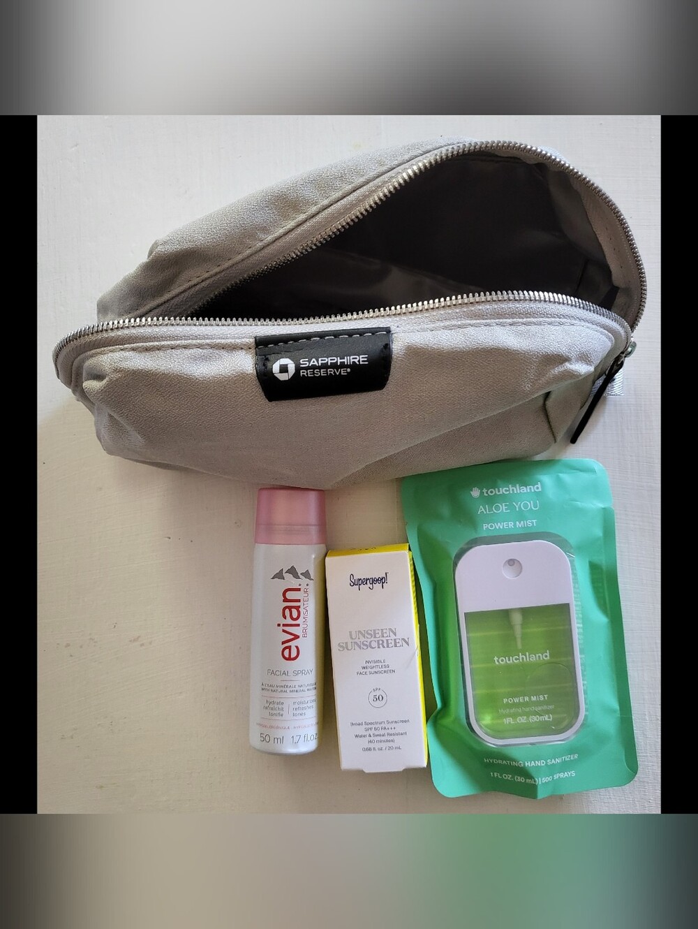 Sapphire Reserve Gray Travel Cosmetic Pouch with Skincare Essentials
